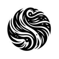 A symmetrical, abstract, tribalinspired emblem, featuring flowing black lines creating a circular with stylized bird or feather elements, and white dot accents on a pristine white backdrop. vector