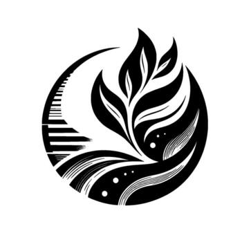 Abstract black and white with piano keys morphing into stylized leaves within a circular frame, minimalist design. vector