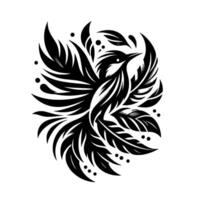 A stylized monochrome illustration of a bird with elaborate feathered wings and tail, surrounded by stylized leaflike elements and dots. vector