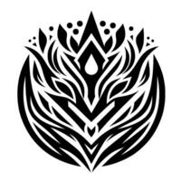 A symmetrical, stylized black and white featuring a central element resembling a teardrop within a complex geometric floral motif, radiating outward within a circular frame. vector