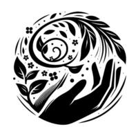 Monochrome circular design A nurturing hand cradles flourishing flora, embodying care, growth, and interconnectedness within a minimalist, botanical aesthetic. vector