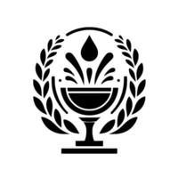 Illustration Stylized chalice with water splash, laurel wreath, and central teardrop, evoking a sense of ritual and purity. vector