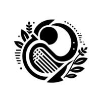 Geometric Black and White Circular Composition featuring stylized musical instrument with foliage accents and abstract shapes. vector