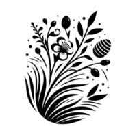 Elegant Black and White Easter Design A stylized arrangement of floral elements, including a flower, an egg, leaves, and dots, composed in an oval shape, signifying spring. vector