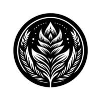 Intricate black and white circular featuring a stylized floral arrangement, enclosed by a detailed border with starlike accents. vector