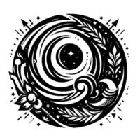 An intricate black and white circular featuring swirling patterns, botanical elements, celestial imagery and geometric accents. vector