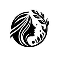 Silhouetted feminine profile encircled by flowing hair and botanical elements, symbolizing beauty, nature, and balance in a minimalist black and white design. vector