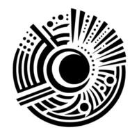 Abstract Monochrome Design A Circular Composition Featuring a Crescent Moon, Bold Geometric Shapes, and Radial Lines on White Background. vector