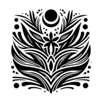Abstract Black and White Symmetrical Floral with Crescent Moon, Dot Accents, and Leaf Elements on White Background. vector