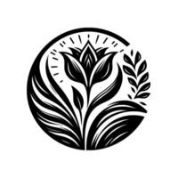 Black and White Botanical in a Circle A Stylized Floral Arrangement with Detailed Leaves, Petals, and Foliage for or Emblem Applications. vector
