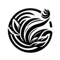 An elegant black and white botanical emblem, a stylized illustration of flowing leaves and curved forms within a circle, evoking grace. vector