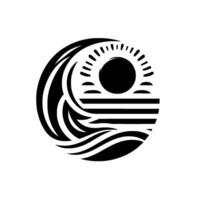 A stylized black and white circular featuring the sun rising over the ocean, framed by an abstract wave. vector
