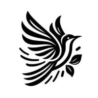 A stylized, elegant black and white of a bird in flight, featuring layered wing detail, with leaves, on a clean white background. vector
