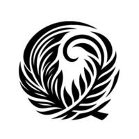 Symmetrical Black and White Feathered Circle with a stylized leaf and spiral element, minimalist and elegant on a white background. vector