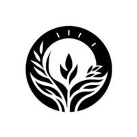 Abstract Black and White Circular Emblem A symmetrical botanical design, stylized plants within a circle with sunlike dashes, set against a crisp white background. vector