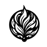 Ornate Black and White Floral Emblem A stylized symmetrical featuring layered leaves and a central sphere within a circular frame with a top point. vector