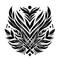 Intricate Black and White Floral Emblem with Organic Leaves, Bold Lines, and Symmetrical, Geometric Design. vector