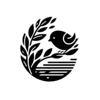 Minimalist Black and White Illustration of a Bird Perched on a Branch Within an Oval Frame, Evoking Nature and Serenity. vector