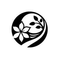 Elegant black and white botanical design, featuring a stylized sixpetal flower and budding sprig within a circular frame. vector