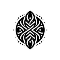 Elegant Black and White Abstract Geometric Ornament with Symmetrical Intertwined Lines, Eyelike Shapes, and Dot Border on White. vector