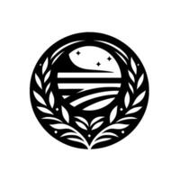 Elegant Black and White Emblem A stylized moon and starry night scene within a circle framed by laurel branches, evoking a sense of serenity and sophistication. vector