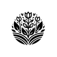 Simplified Floral Emblem A symmetrical circular featuring three stylized tulips, leafy stems, and rounded foliage, all in a bold black and white aesthetic. vector