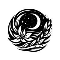 A stylized celestial floral emblem, featuring a crescent moon, stars, and a blossoming flower with leaves, rendered in bold black and white. vector