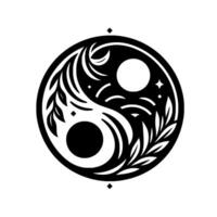 Floral Yin Yang Symbol in Black and White with Leaf and Starry Detailing, representing balance and harmony. vector