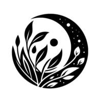 Circular black and white illustration of a crescent moon and starry sky, intertwined with leaves and a central sun or dot, creating a harmonious design. vector