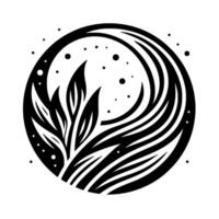 Circular Black and White Illustration of Leaves and Curved Lines, Resembling a Decorative Emblem with Sparse Dots. vector