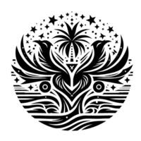 Symmetrical black and white circular art featuring avian forms, palm tree, star clusters, and stylized wave patterns, evoking a celestial coastal essence. vector
