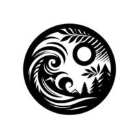 YinYang inspired black and white circular artwork with nature elements, featuring waves, mountains, trees and leaves. vector