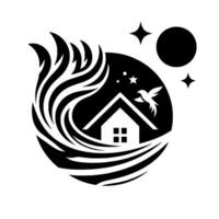 Monochromatic Emblem of Home A House within a Celestial Sphere, Framed by Artistic Swirls, with Bird Starlight Accents. vector
