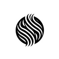 Abstract black and white featuring a sphere with stylized, curved lines resembling flowing hair or energy, creating a sense of movement and balance. vector