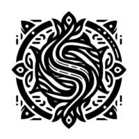 Intricate Black and White Circular with Floral and Geometric Elements, Featuring a Swirling Central Motif. vector