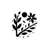 Minimalist Black and White Botanical Illustration Featuring a Flower, Leaves, and Abstract Elements, Suggesting Growth and Natural Beauty. vector