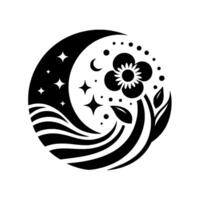 Celestial Bloom A circular featuring a stylized flower, crescent moon, stars, and organic flowing lines, rendered in bold black and white. vector