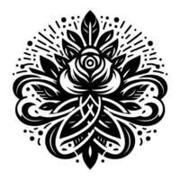 Intricate symmetrical floral in black and white, featuring a rose at the center surrounded by ornate leaves and swirling patterns. vector