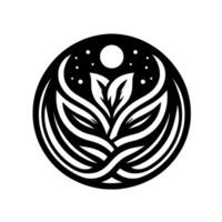 Abstract black and white floral within a circle, featuring leaves and a stylized night sky with moon and stars. vector