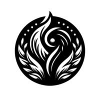 Intricate black and white circular emblem featuring stylized floral and flame elements, a central spiral, and dotted embellishments. vector