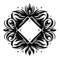 Ornate Black and White Floral Emblem with a Geometric Center, a symmetrical composition, perfect for branding or elements. vector