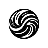 A symmetrical, of intertwined, stylized wavelike forms within a circular, black and white composition, evoking movement and energy. vector