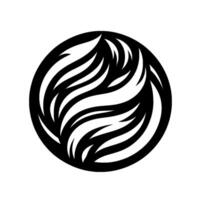 A stylized, abstract emblem featuring swirling white and gray featherlike elements encapsulated within a black circular frame, set against a stark white backdrop, conveying a sense of motion and orga vector
