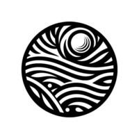 Abstract black and white circle composition depicting stylized waves with sun or moon element, minimalist design, serene, natural theme. vector