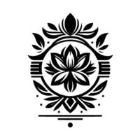 Intricate Black and White Floral Mandala Design A symmetrical composition featuring a lotus flower centerpiece and surrounding botanical elements, showcasing a modern aesthetic. vector