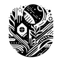 A minimalist, monochrome illustration featuring a house, a celestial body with lines, and organic forms, all encased within a stylized oval. vector