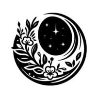 Black and white circular floral and celestial illustration with a crescent moon, stars, and stylized flower and leaf patterns. vector