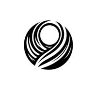 A stylized, symmetrical abstract of a black, orblike shape with curving, striped elements, contrasted against a clean white backdrop. vector