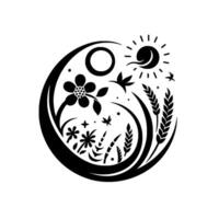 Stylized, Black and White Circular Illustration of Natures Elements, featuring a Flower, Sun, Birds, and Wheat. vector
