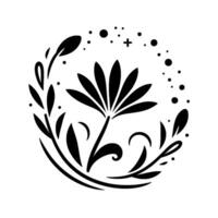A symmetrical, black and white floral featuring a stylized flower in the center, enclosed by a circular arrangement of leaves, tendrils, and scattered dots. vector